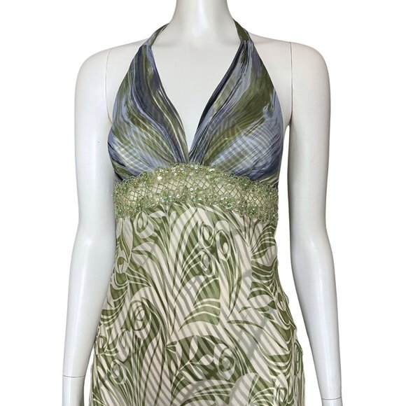 Vintage Y2K 100% Silk Funky Green Halter Dress Sequins. XS Fairy Grunge Festival - Picture 7 of 13